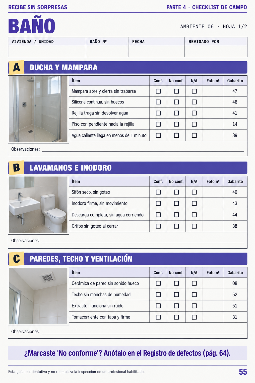 Checklist de baño con casillas para marcar cada punto