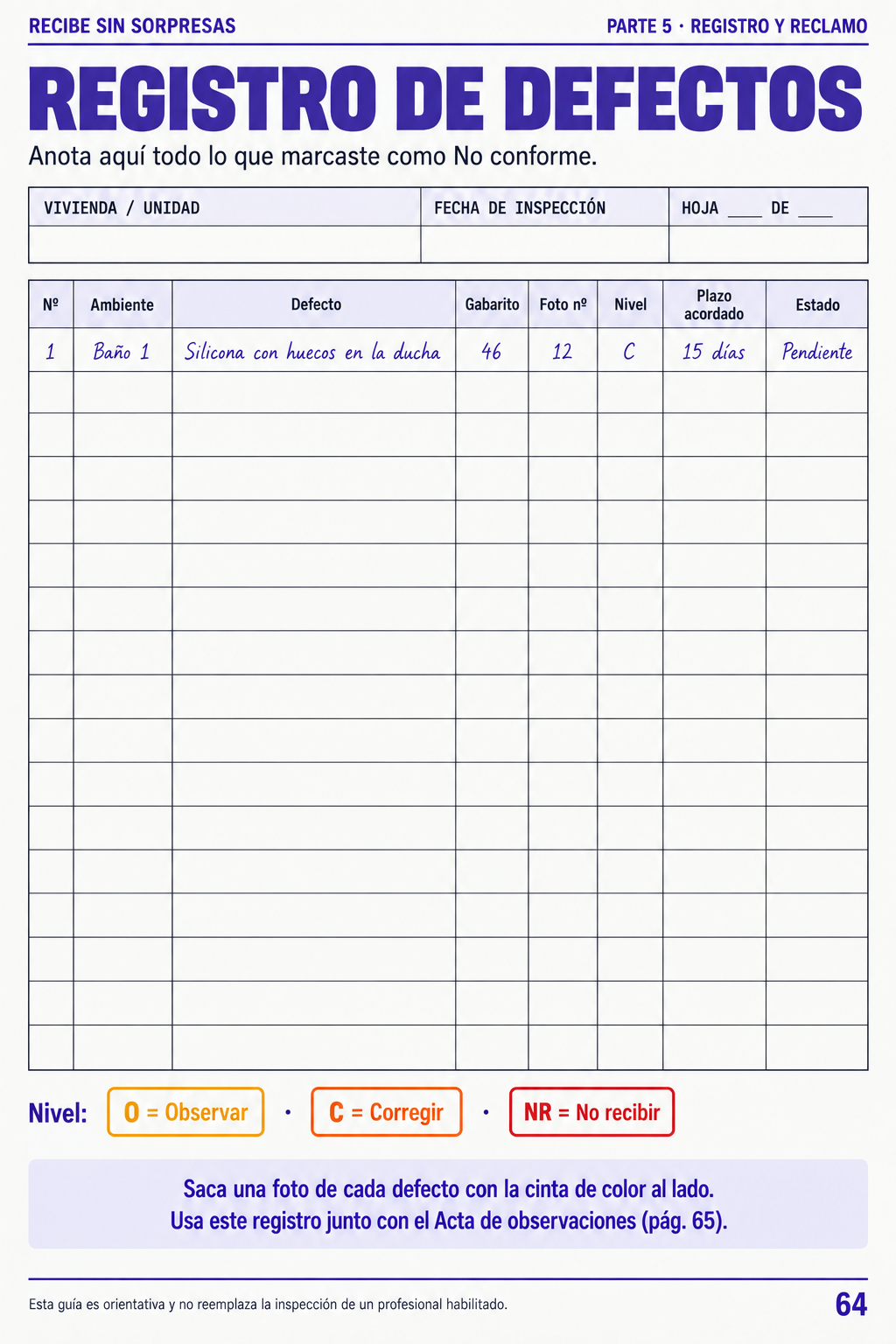 Hoja de registro de defectos de la vivienda